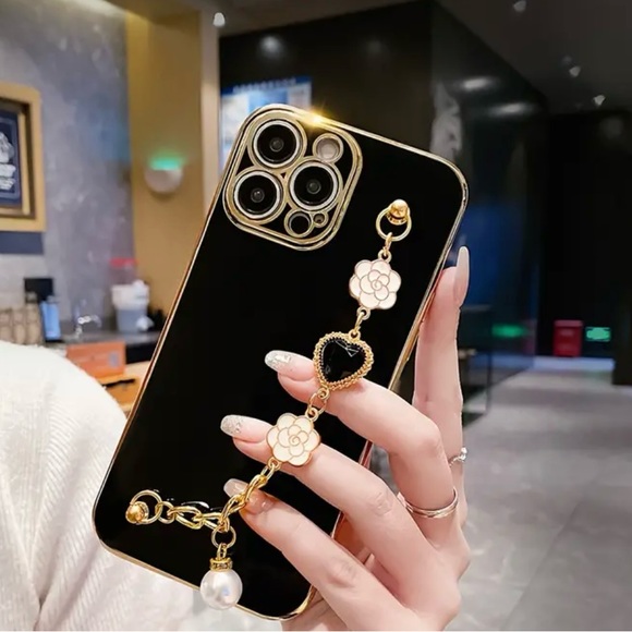 Other - Black Heart & Pearl Phone 14 Case Durable Protection, Chic Fashion Accessory